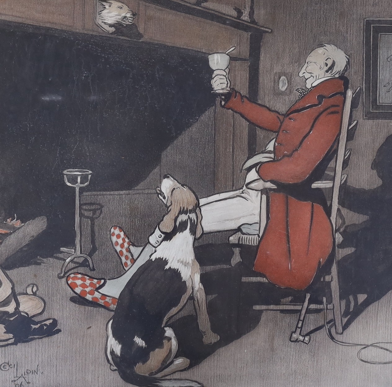 Cecil Aldin (1870-1935), two colour prints, 'The Connoisseurs' and Toasting the hearth, overall 55 x 74cm and 38 x 39cm